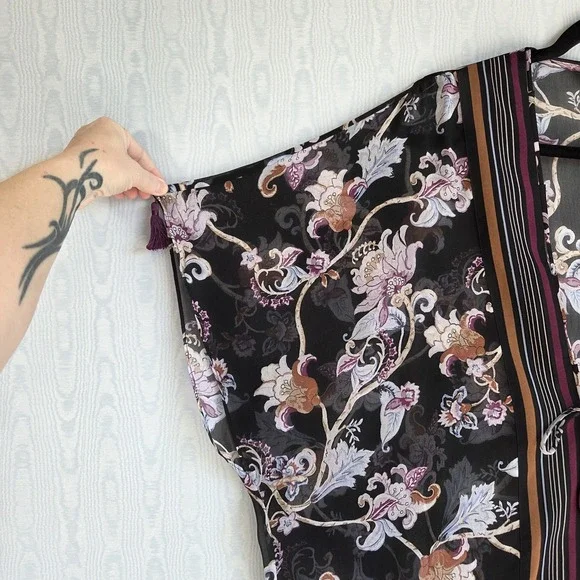 White House Black Market Kimono L XL Black Sheer Chiffon Tasseled Lagenlook Boho - Picture 2 of 10